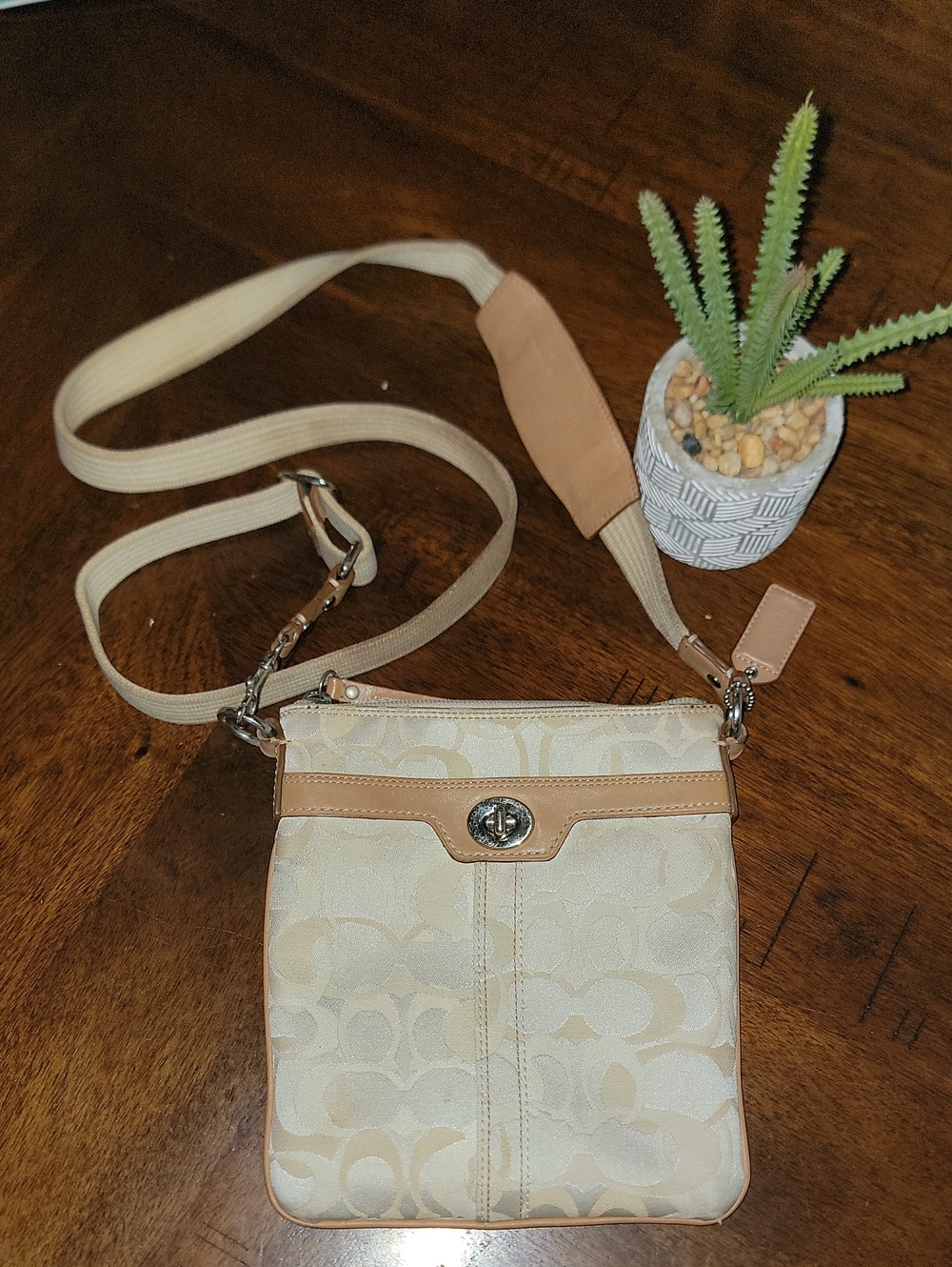 Coach Y2K Cream & Tan Signature Crossbody Pouch With Turnlock Pocket